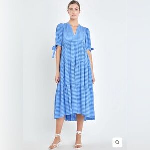 English Factory Gingham Tiered Midi Dress With Bow Puff Sleeve Maxi Sundress NWT